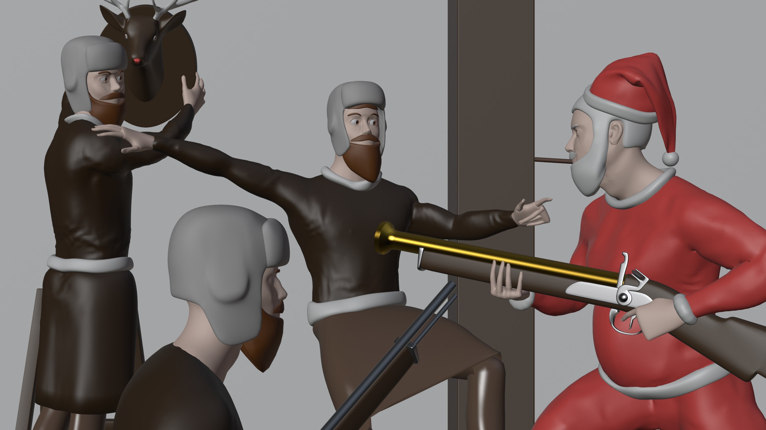 CG render of Santa approaching hunters with a musket. On the wall, a reindeer head is being placed