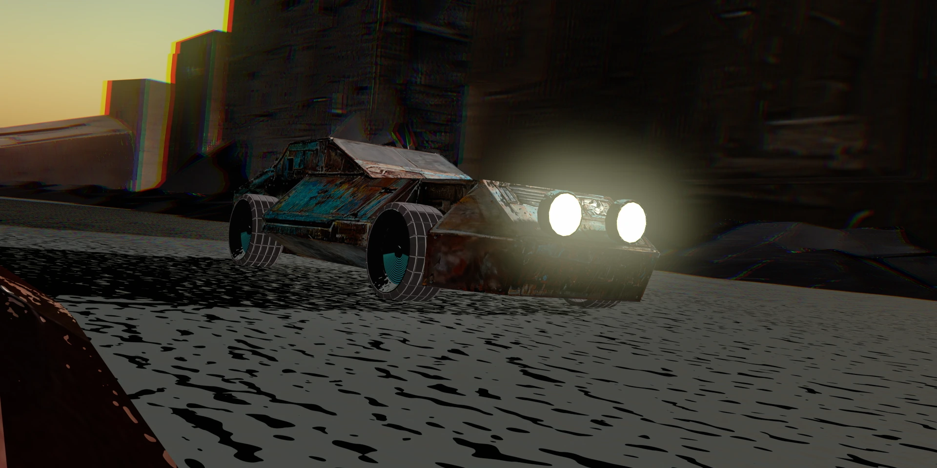 Stylized CG render of a dystopian car