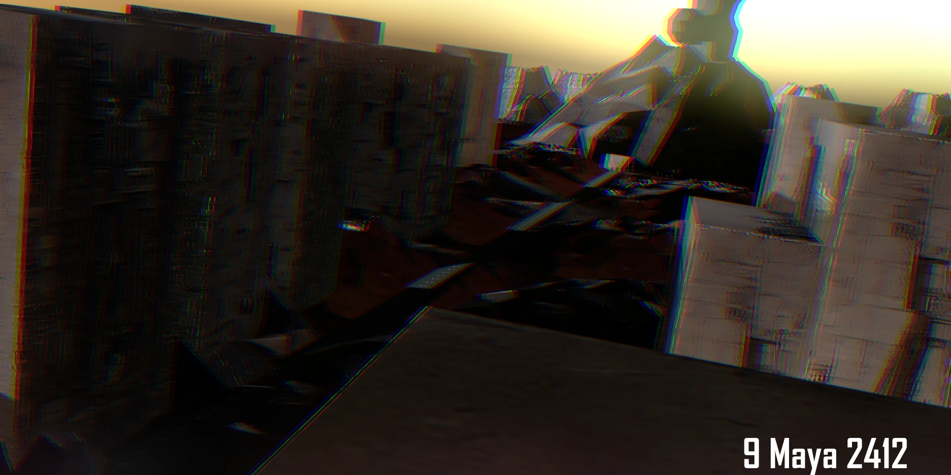 Stylized CG render of a dystopian city