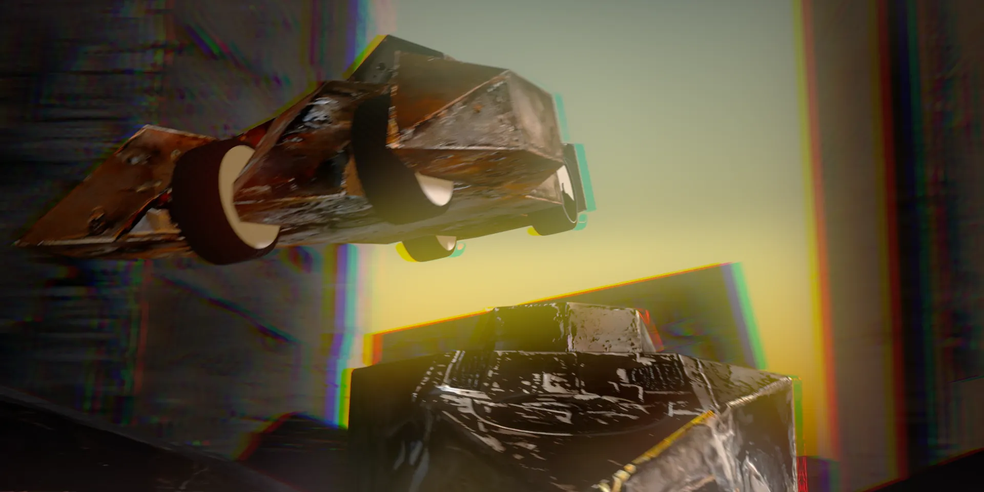 Stylized CG render of a car jumping over another