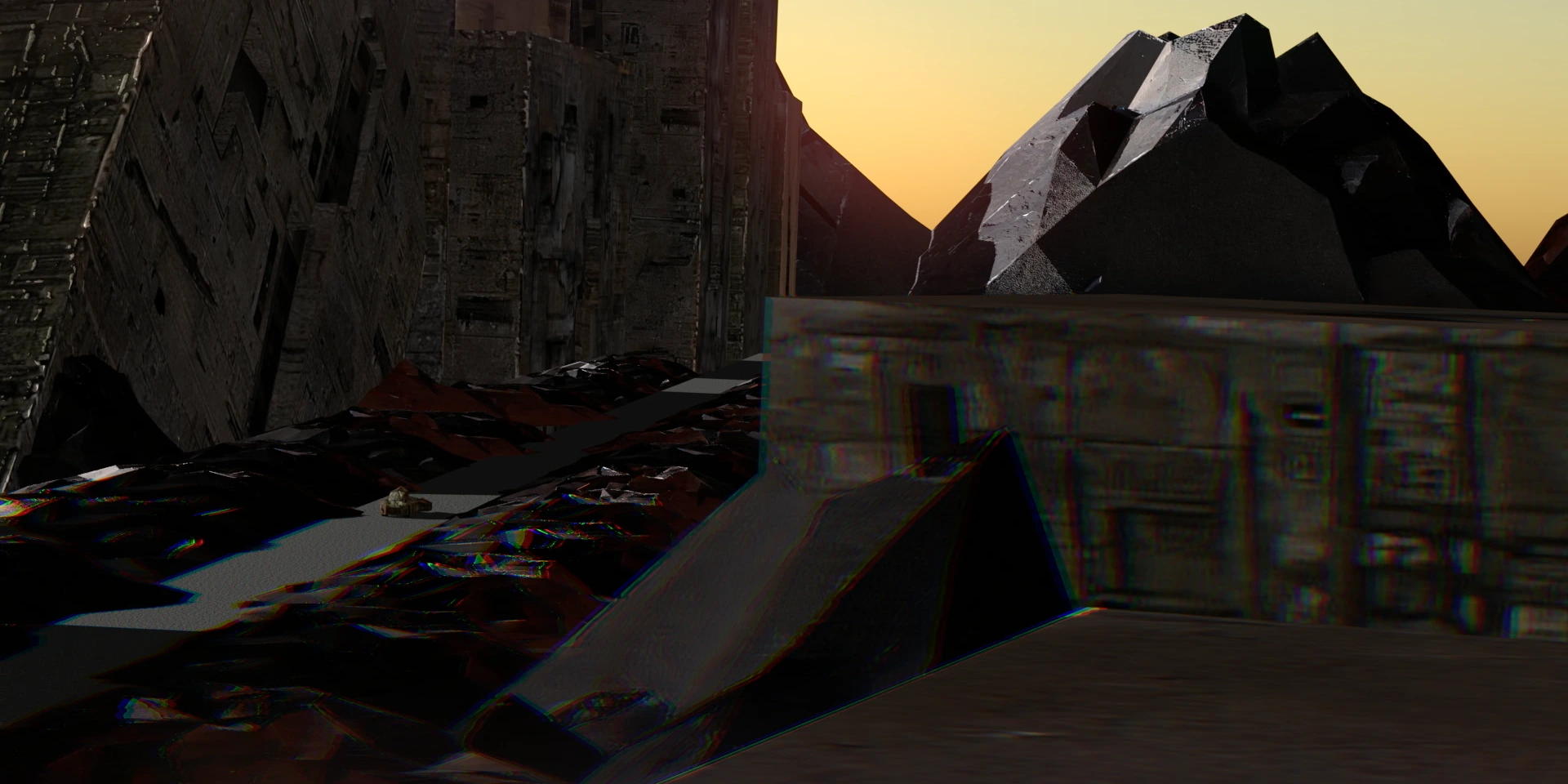 Stylized CG render of a dystopian city, with a volcano in the distance