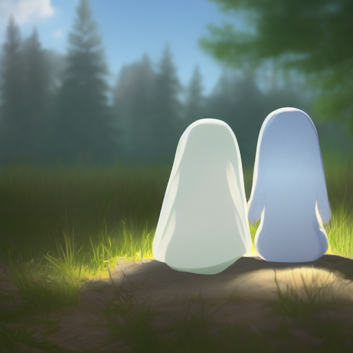 AI generated image of the back of two ghosts, sitting on a log.