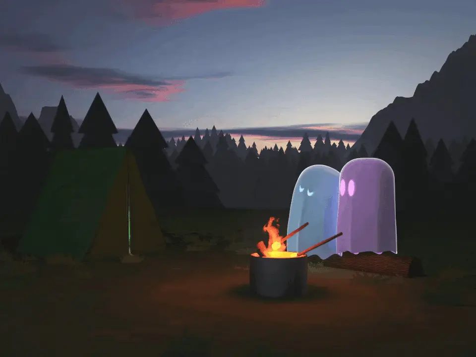 CG render of two ghosts cuddling by a campfire