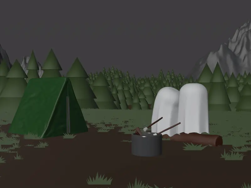 CG render of two stylized ghosts cuddling as they roast marshmallows over a campfire