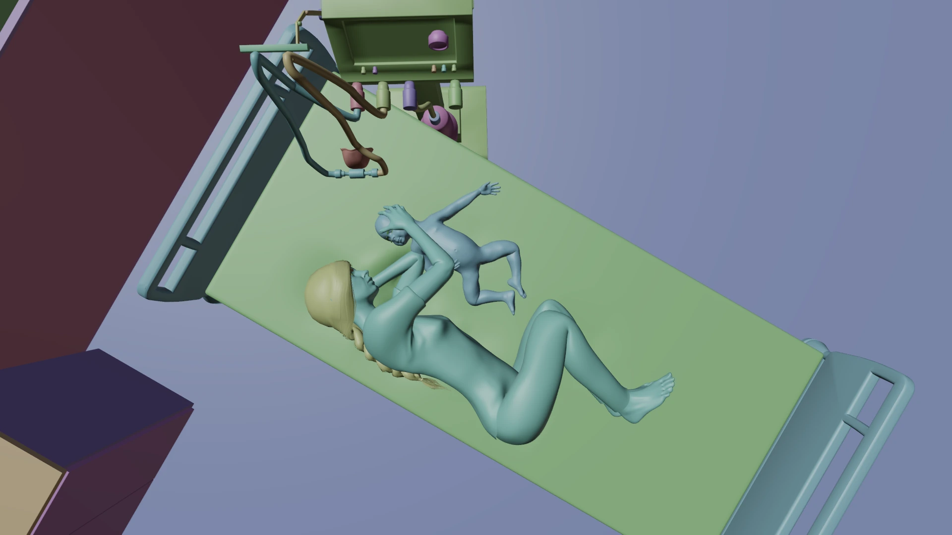 CG render of a mother laying on a hospital bed beside her baby
