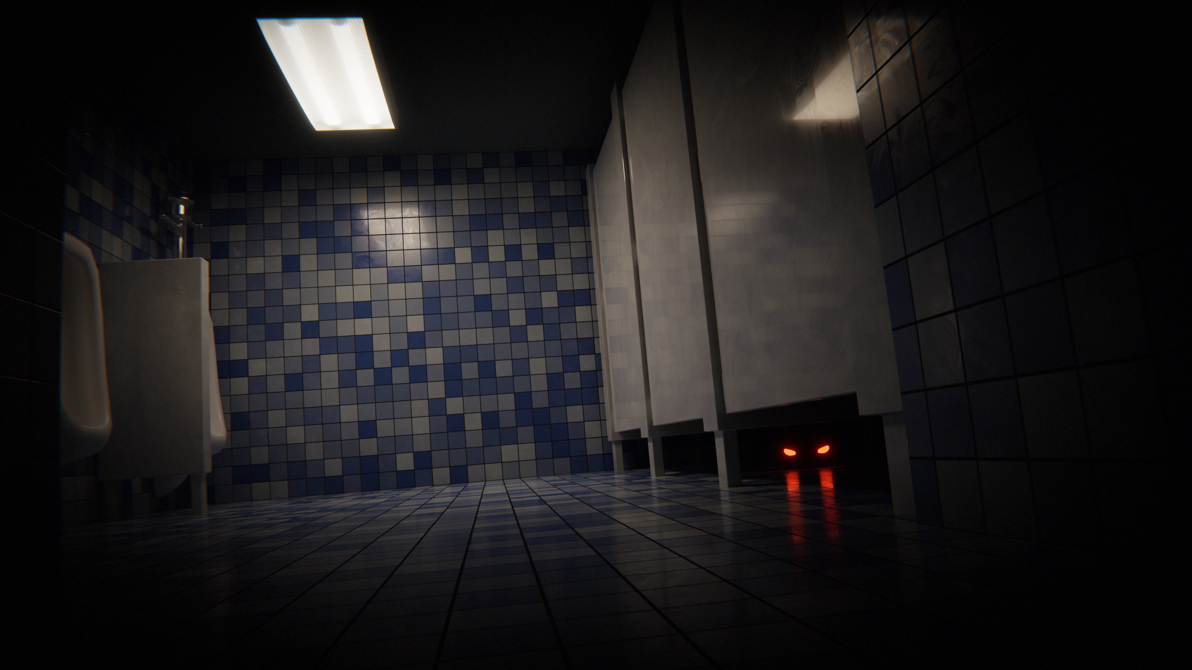 CG render of a bathroom dimly lit, with a pair of glowing eyes underneath one of the stalls