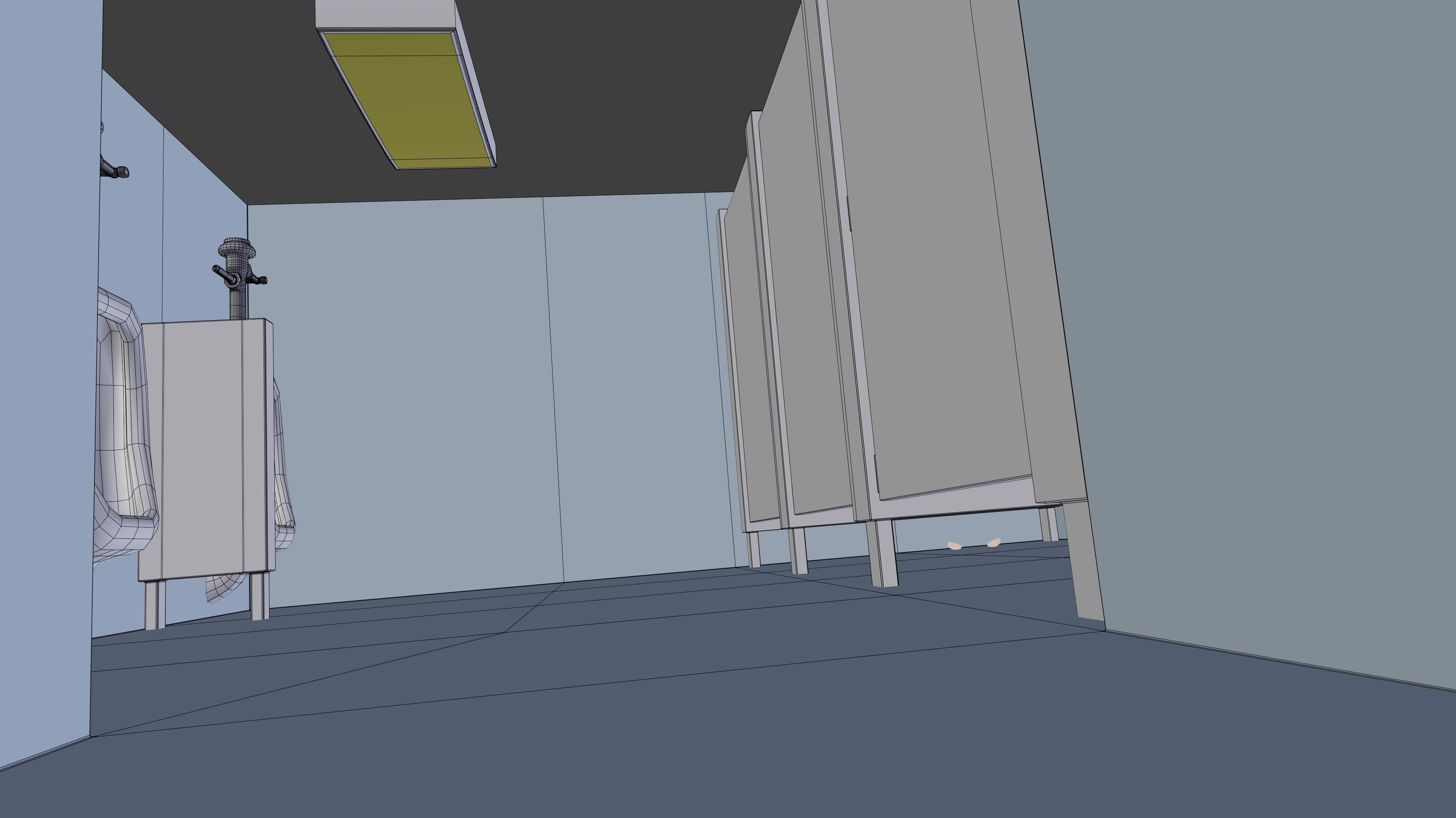 CG wireframe render of a bathroom, with a pair of eyes underneath one of the stalls