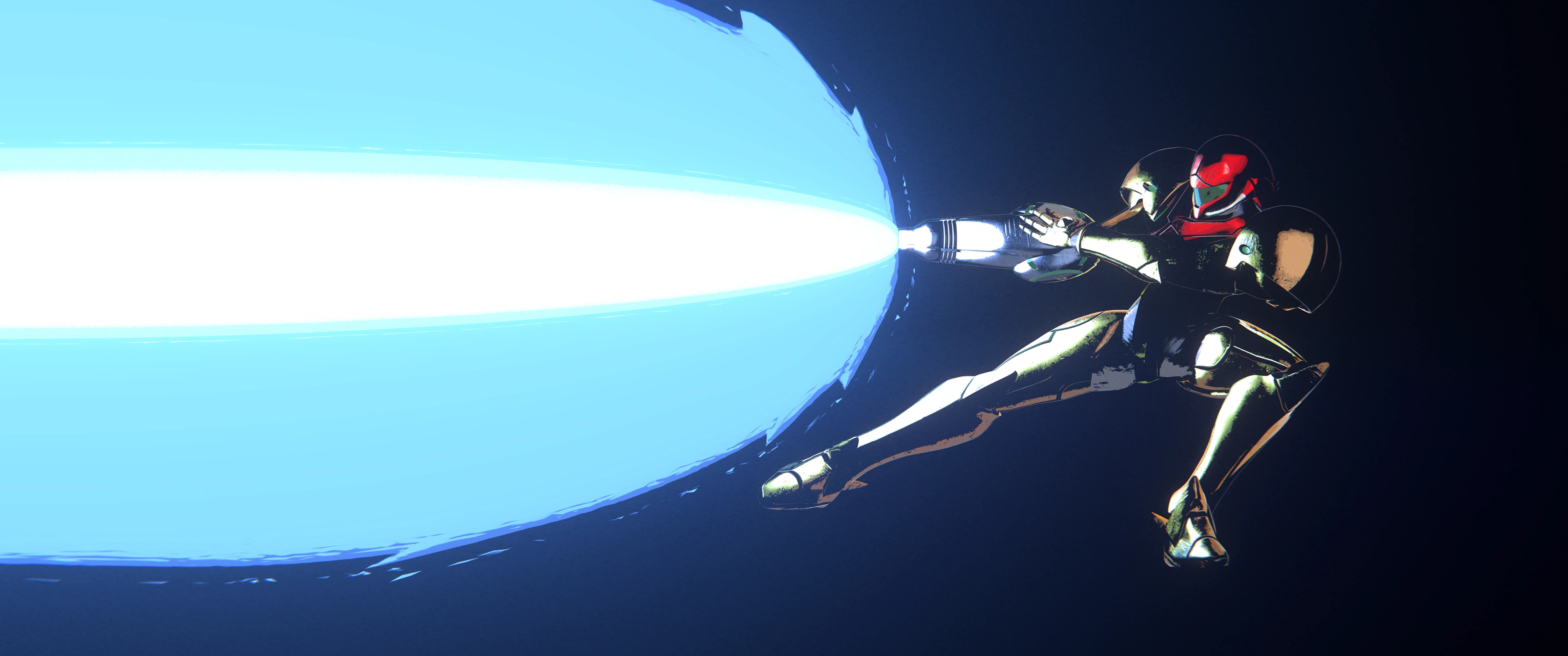 Stylized Samus from Metroid shooting a large blue blast from her cannon
