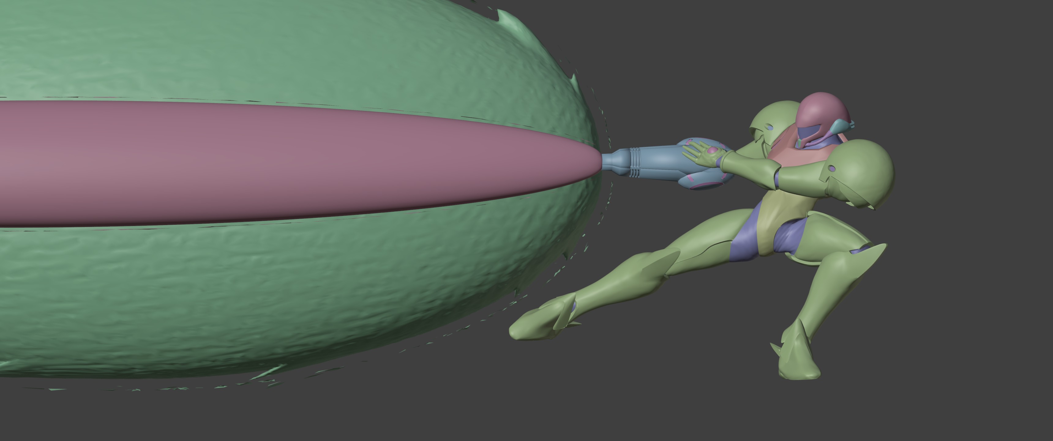 Viewport render of Samus from Metroid shooting a large blast from her cannon