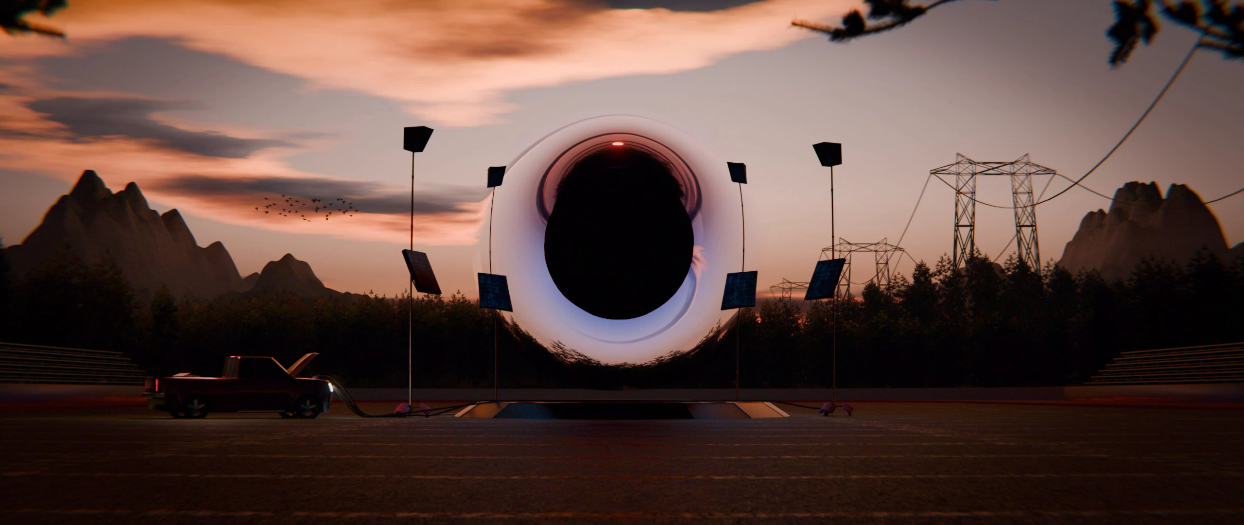 CG render of a dark black-hole like anomaly in the middle of a football field, surrounded by lab equipment