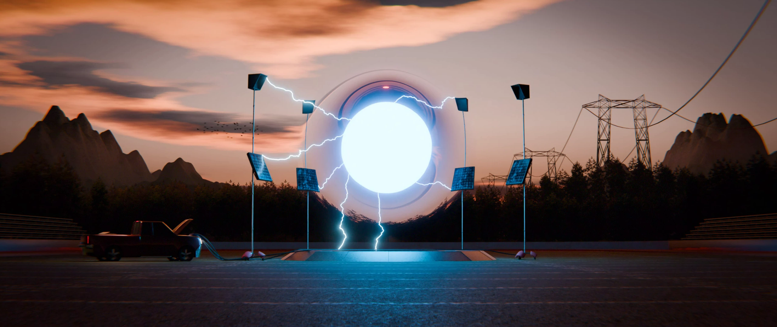 CG render of a glowing black-hole like anomaly in the middle of a football field, surrounded by lab equipment