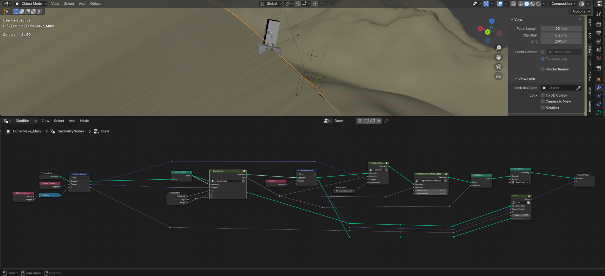 Screenshot of Blender with geometry nodes of the sand dunes