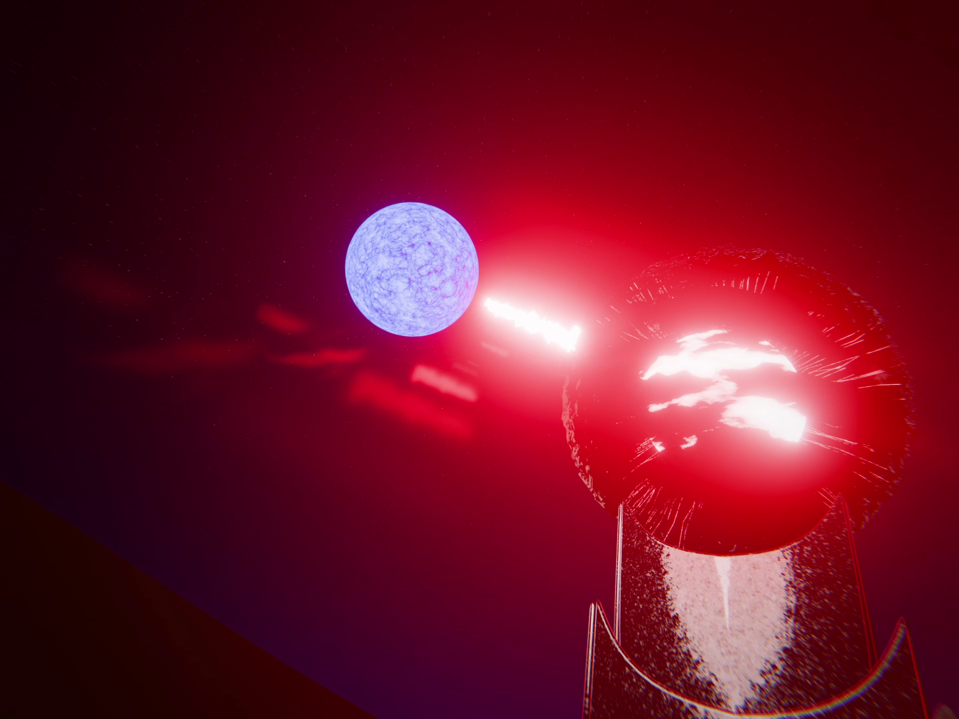 CG render of a tower shooting a beam at a blue moon