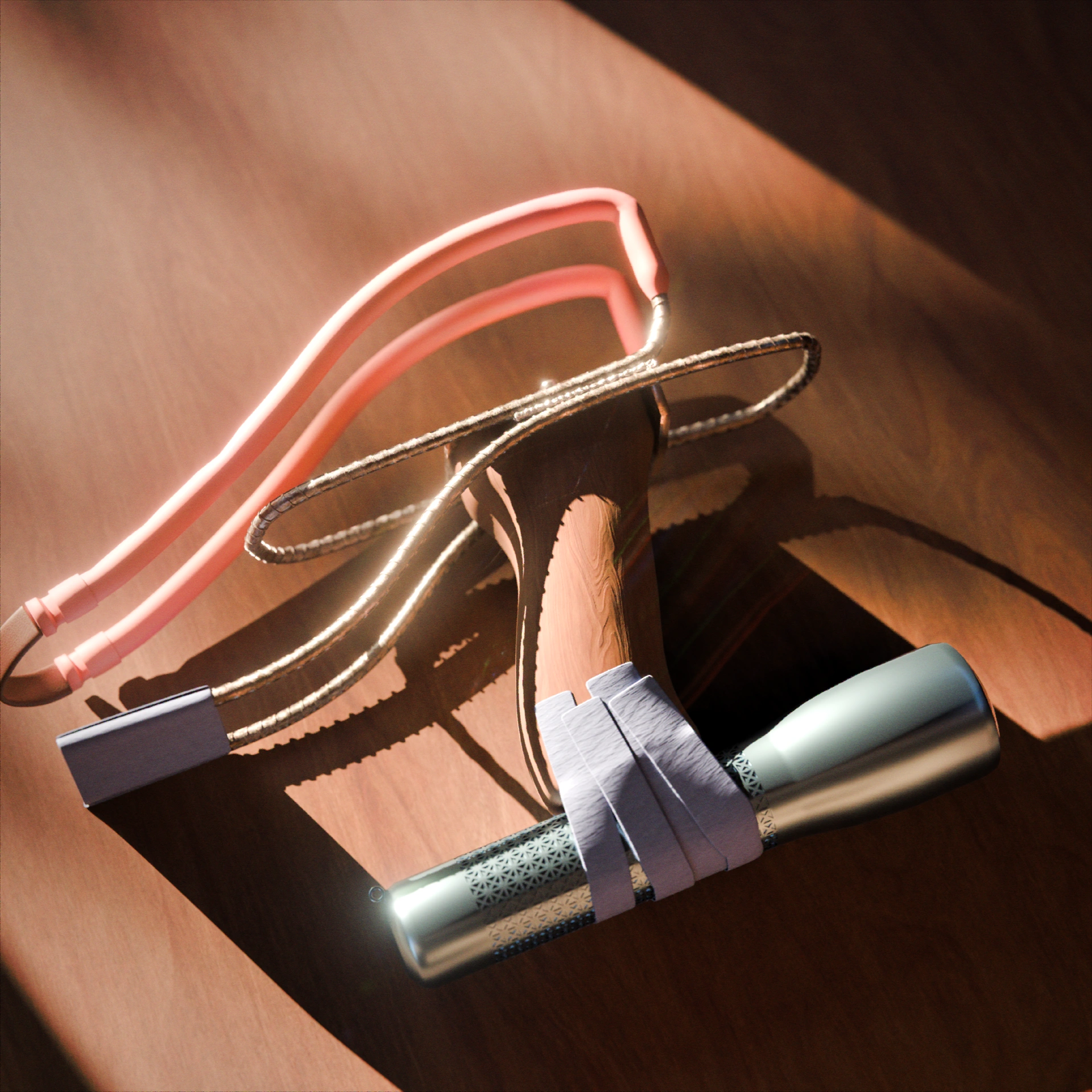 Wrist rocket on a wooden surface, with warm sunlight